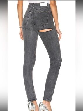 RE/DONE Levi’s Upcycled High Rise Butt Rip Straight Jeans in Black Button Fly 25